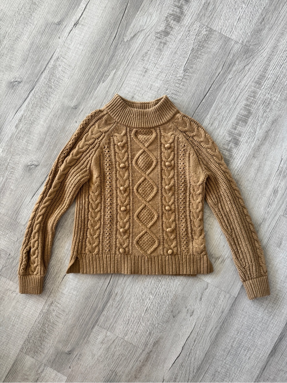 J.Crew Lambswool Blend Cable Knit Mock Neck Bobble Sweater Camel Tan XS